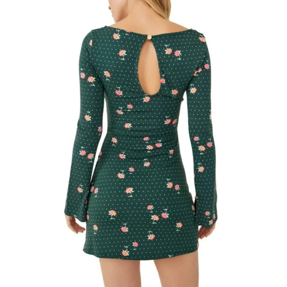 Free People Green Pink Flowers Celine Ruched Key Hole Back Mini Dress Sz S. - Picture 2 of 13